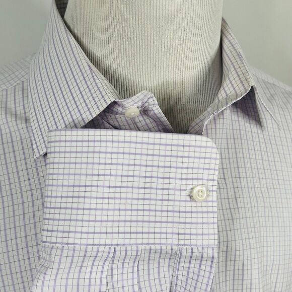 David Donahue 18.5 34/35 Trim Fit Dress Shirt Purple White Plaid 100% Cotton - Picture 4 of 5